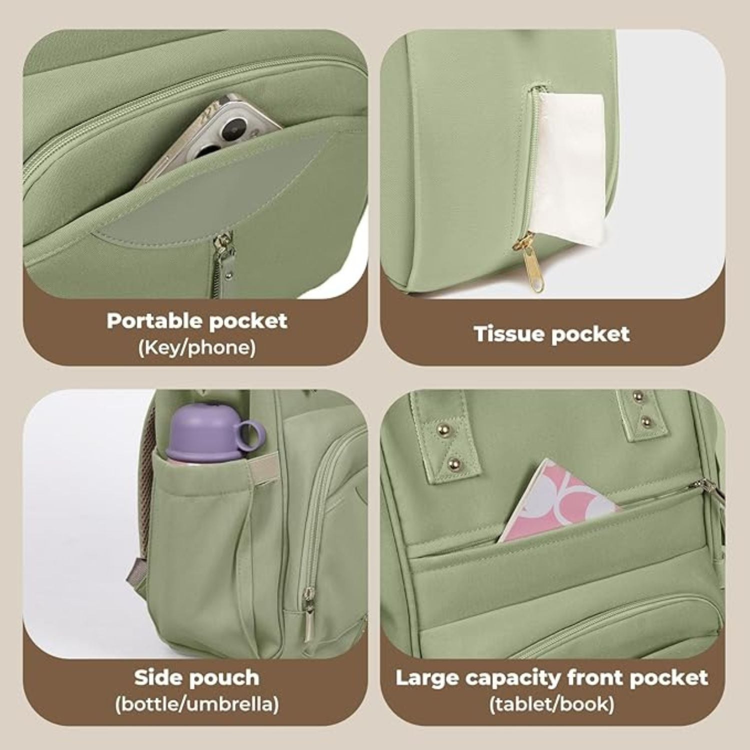 MEE MEE Multi-Functional Mother Bag | Large Capacity Baby Diaper Backpack with Insulated Bottle Pockets | Waterproof & Travel Friendly (Pink, Black, Cream, Green)