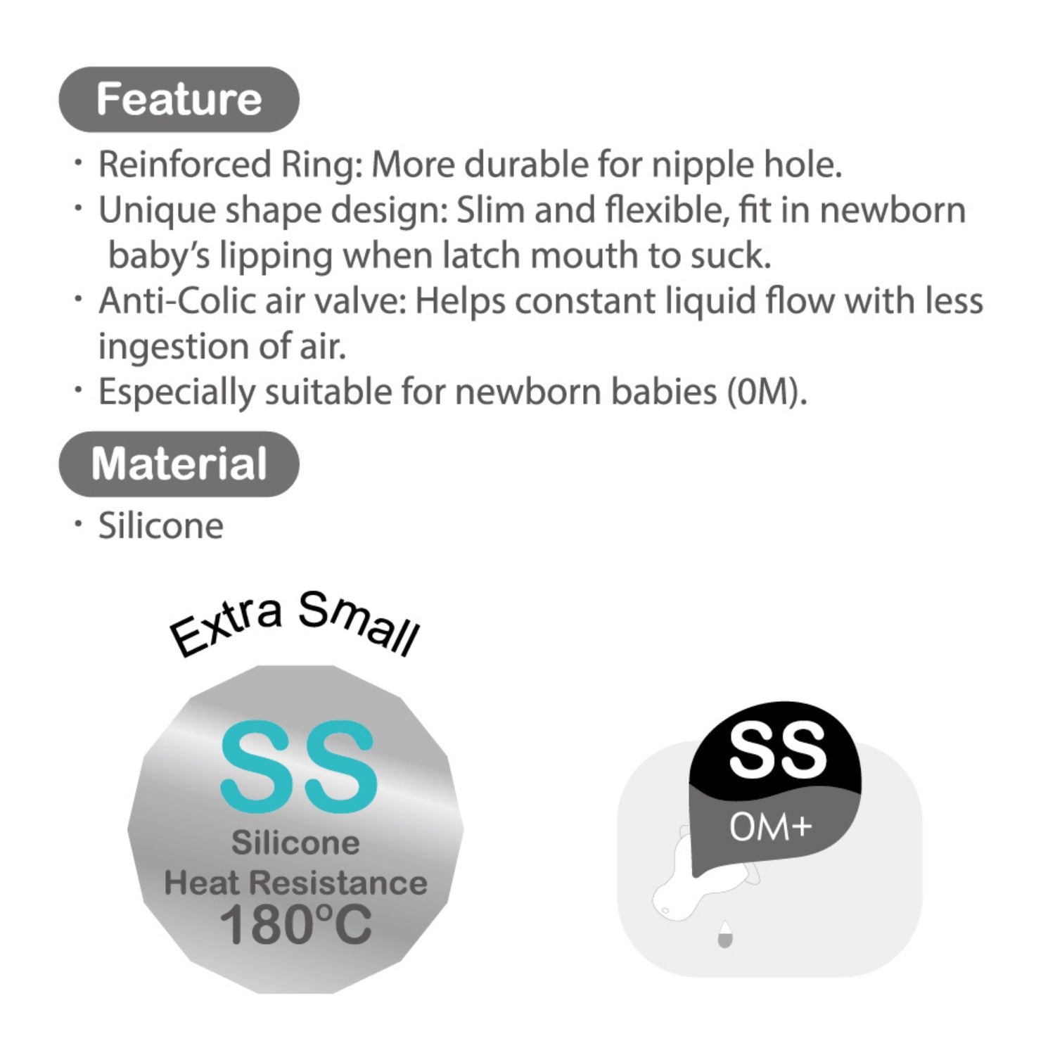 Farlin New Borns Silicone Feeding Nipple SS Size (0+ Months) – Standard Neck Baby Bottle Nipple with Anti-Colic Air Valve System