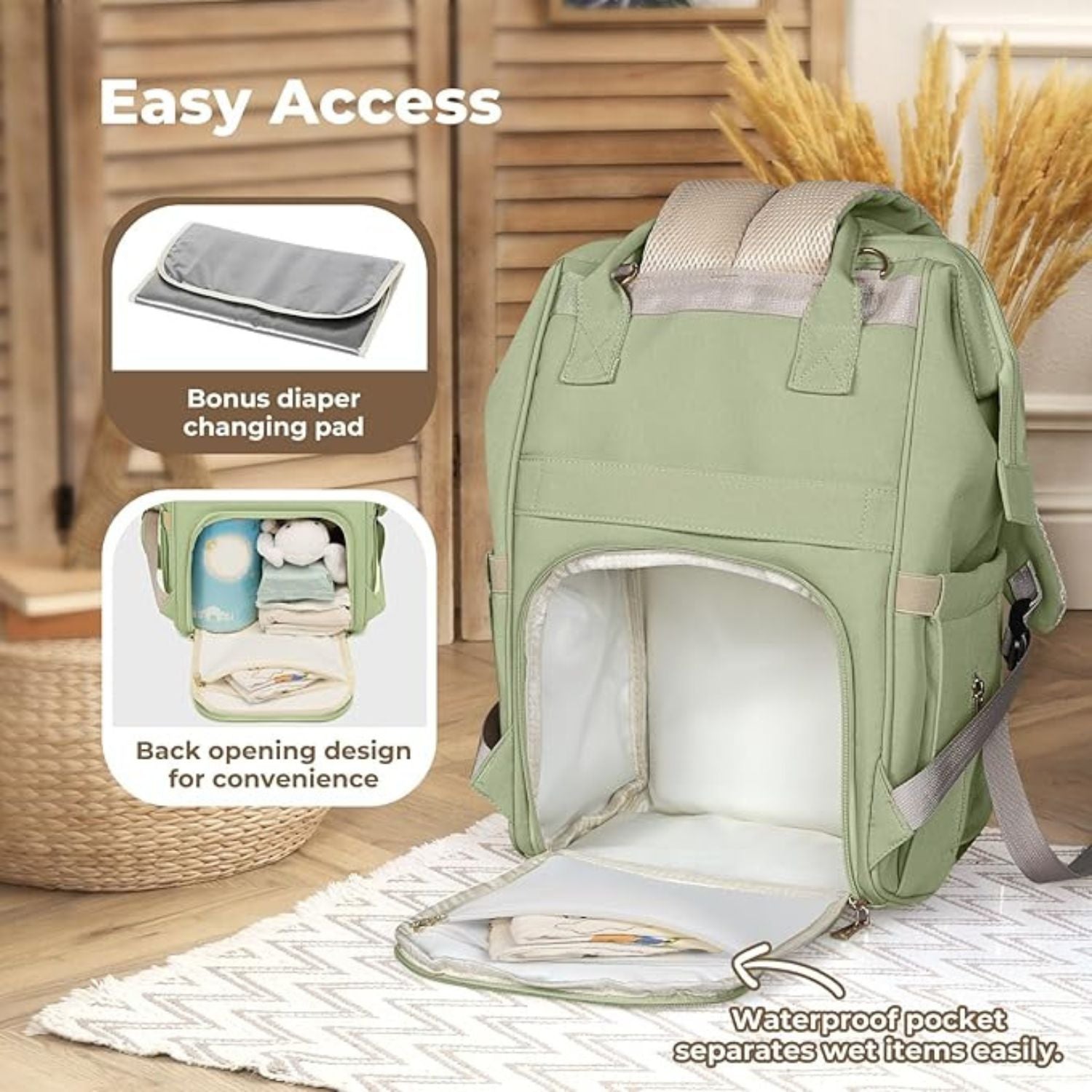 MEE MEE Multi-Functional Mother Bag | Large Capacity Baby Diaper Backpack with Insulated Bottle Pockets | Waterproof & Travel Friendly (Pink, Black, Cream, Green)