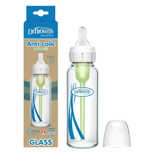 Dr. Brown's Natural Flow Anti-Colic Options+ Narrow Glass Baby Bottle, 8 oz/250 mL, with Level 1 Slow Flow Nipple, 1 Pack, 0m+