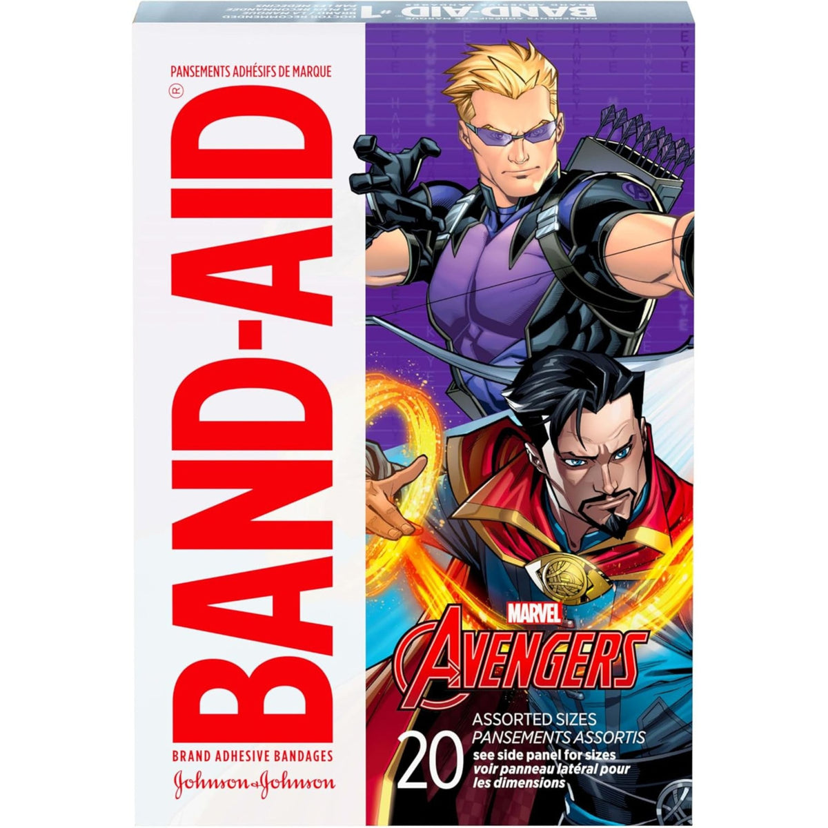 Band-Aid Marvel Avengers adhesive bandages 20 assorted sizes front packaging