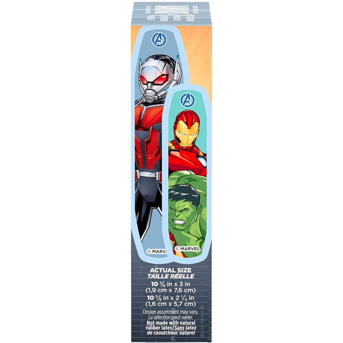 Band-Aid Marvel Avengers assorted bandage sizes and actual size guide