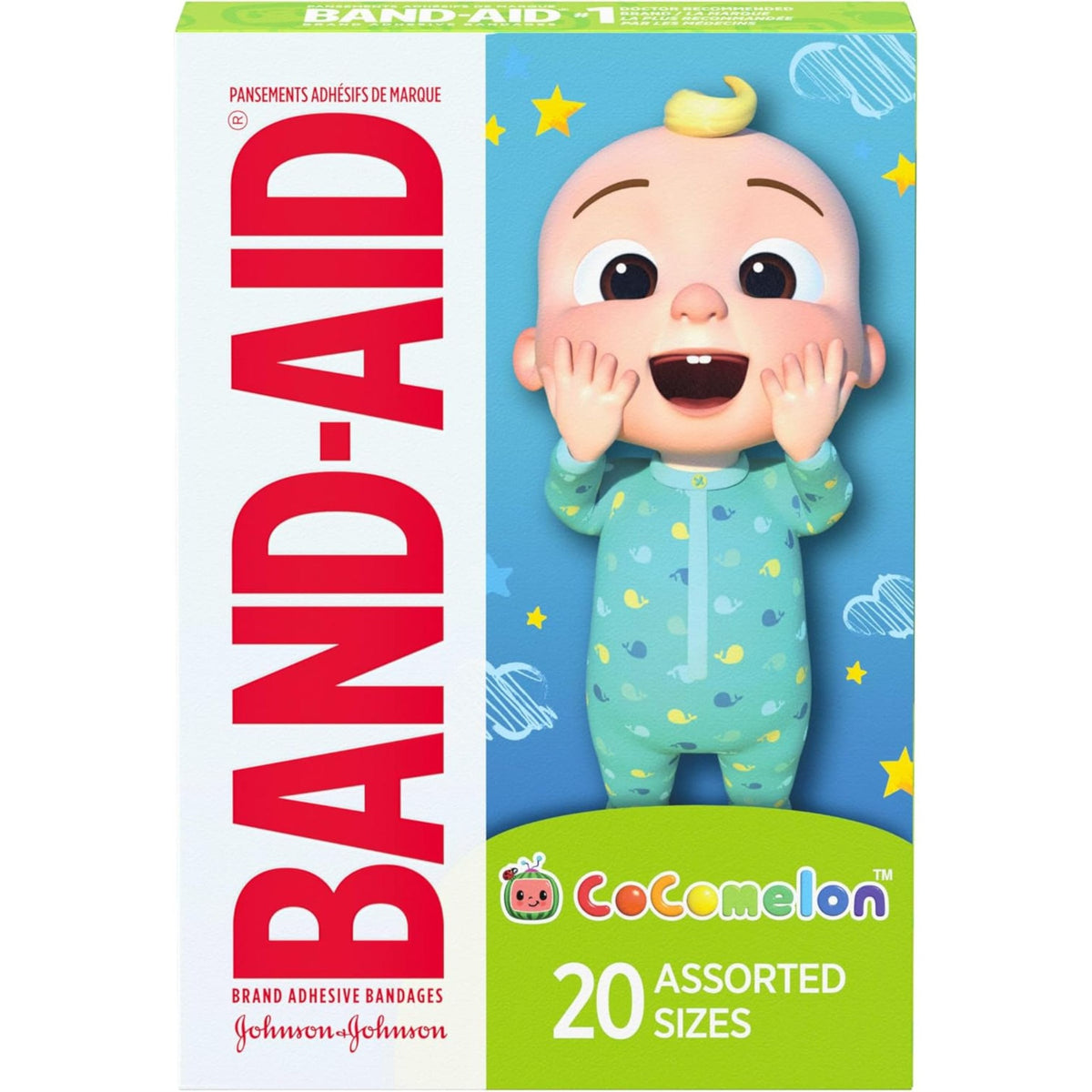 Band-Aid CoComelon adhesive bandages 20 assorted sizes product box front