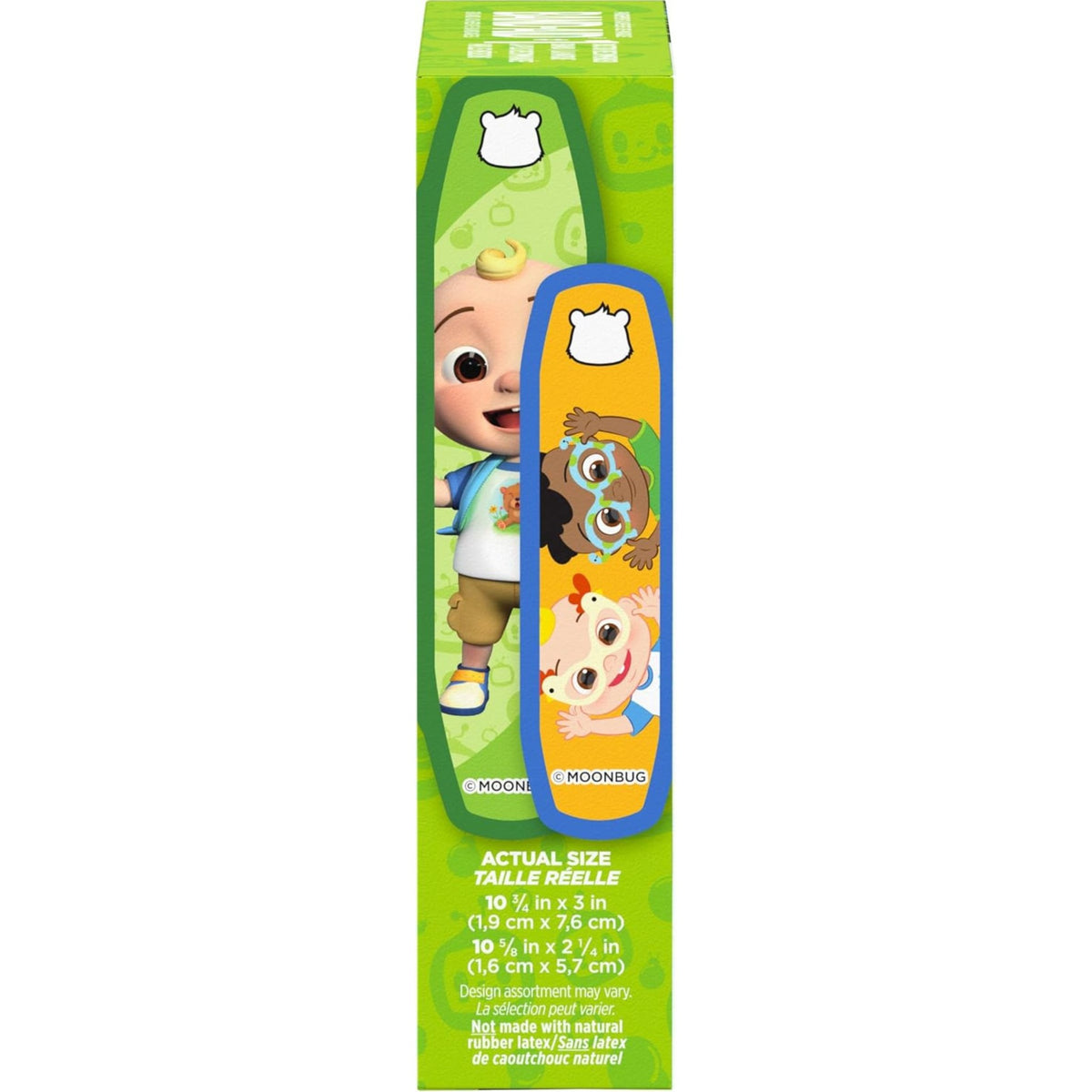Band-Aid CoComelon assorted size adhesive bandages packaging size guide