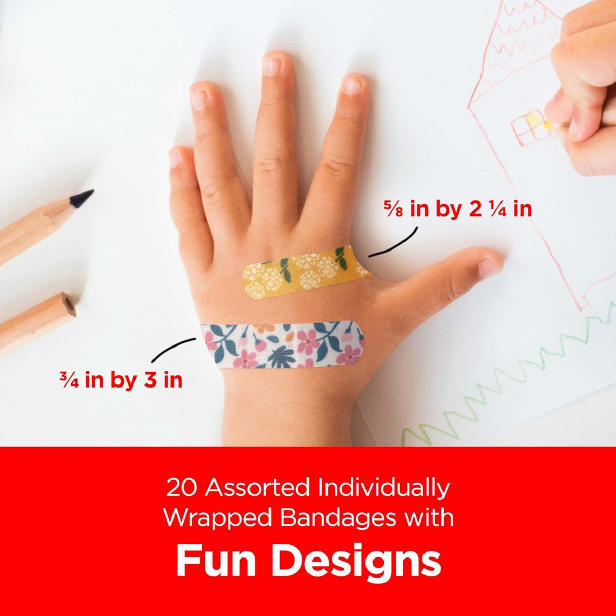 Band-Aid Disney assorted adhesive bandages 20 count with size comparison on a child's hand