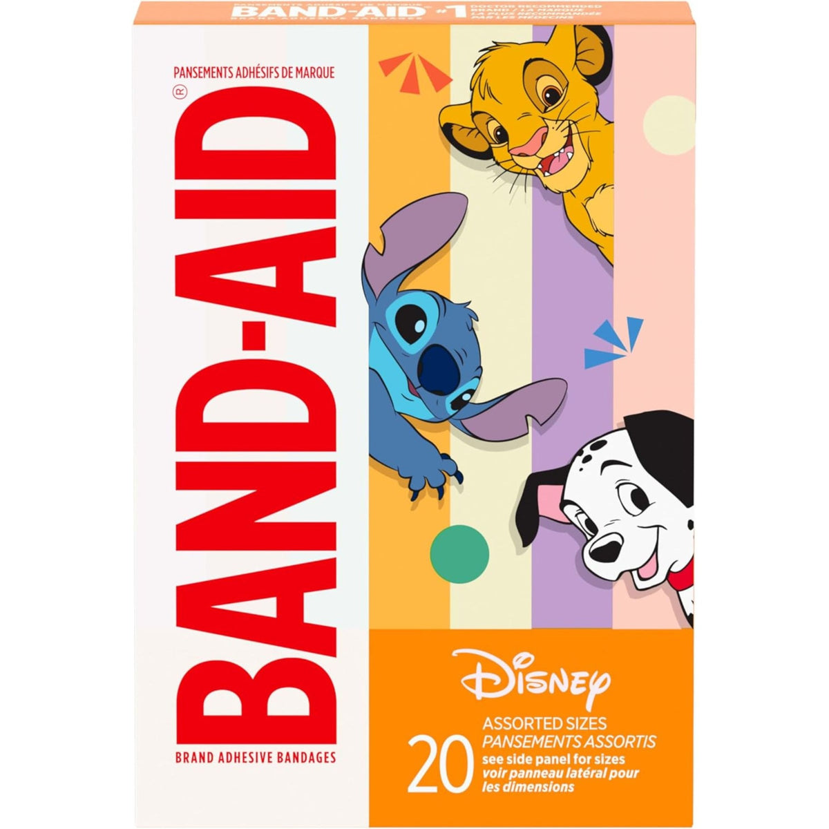Band-Aid Disney character adhesive bandages featuring Stitch and Simba on orange packaging