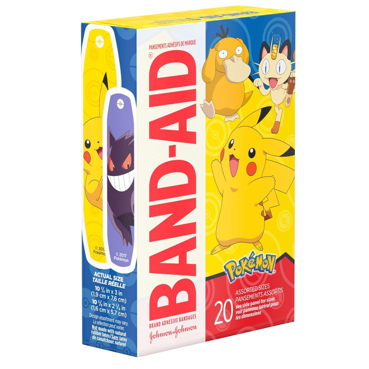 Band-Aid brand Pokémon adhesive bandages assorted sizes 20 count box front and side packaging