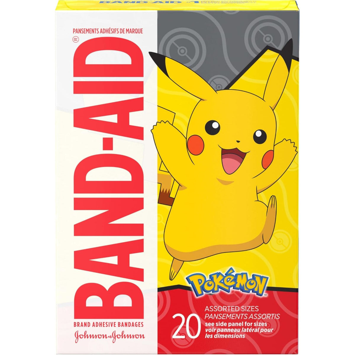 Band-Aid Pokémon 20 count assorted adhesive bandages featuring Pikachu yellow front box