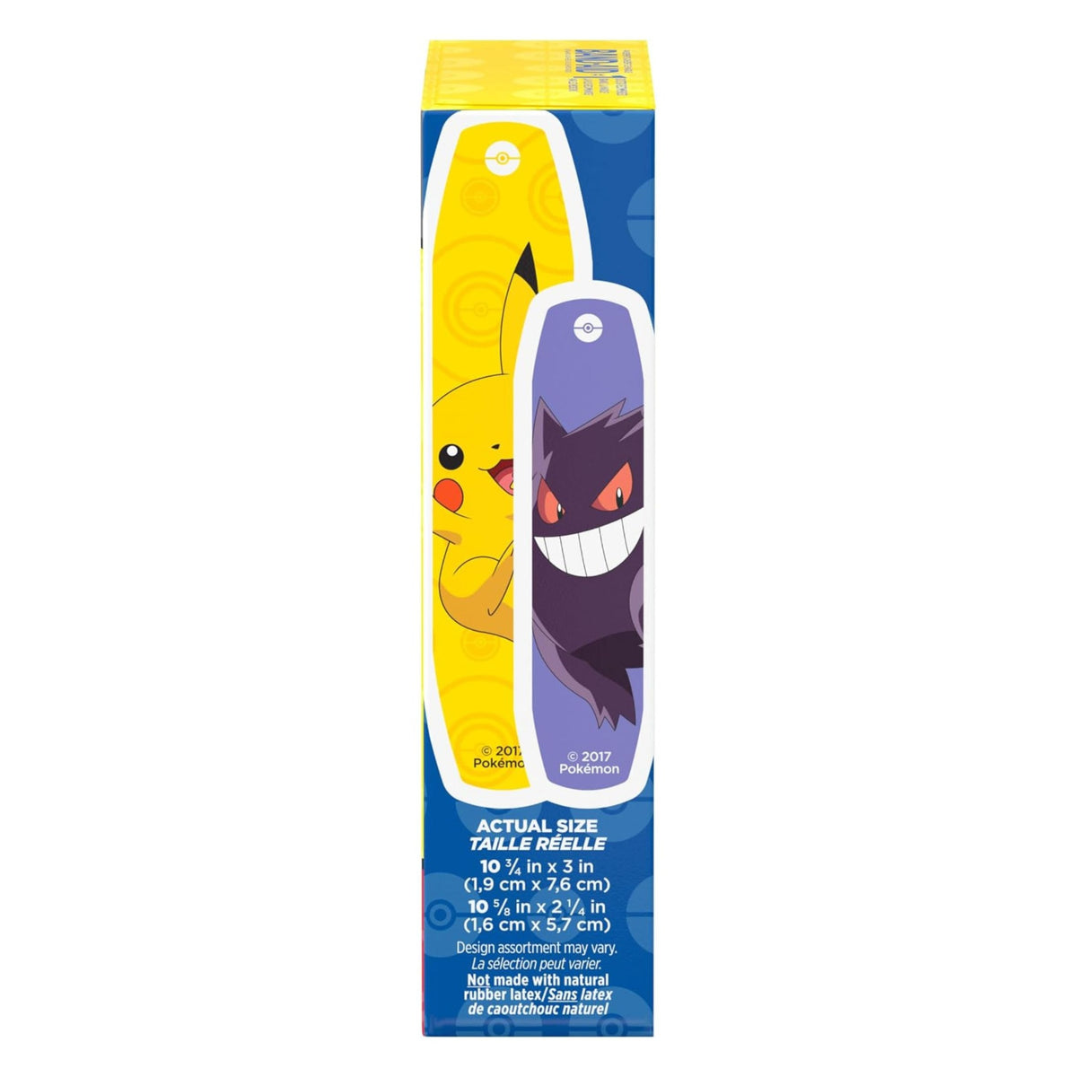 Band-Aid Pokémon adhesive bandages side panel showing Pikachu and Gengar designs and sizes