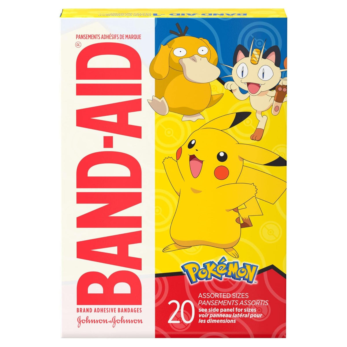 Band-Aid Pokémon 20 count assorted sizes adhesive bandages front packaging with Pikachu Psyduck and Meowth