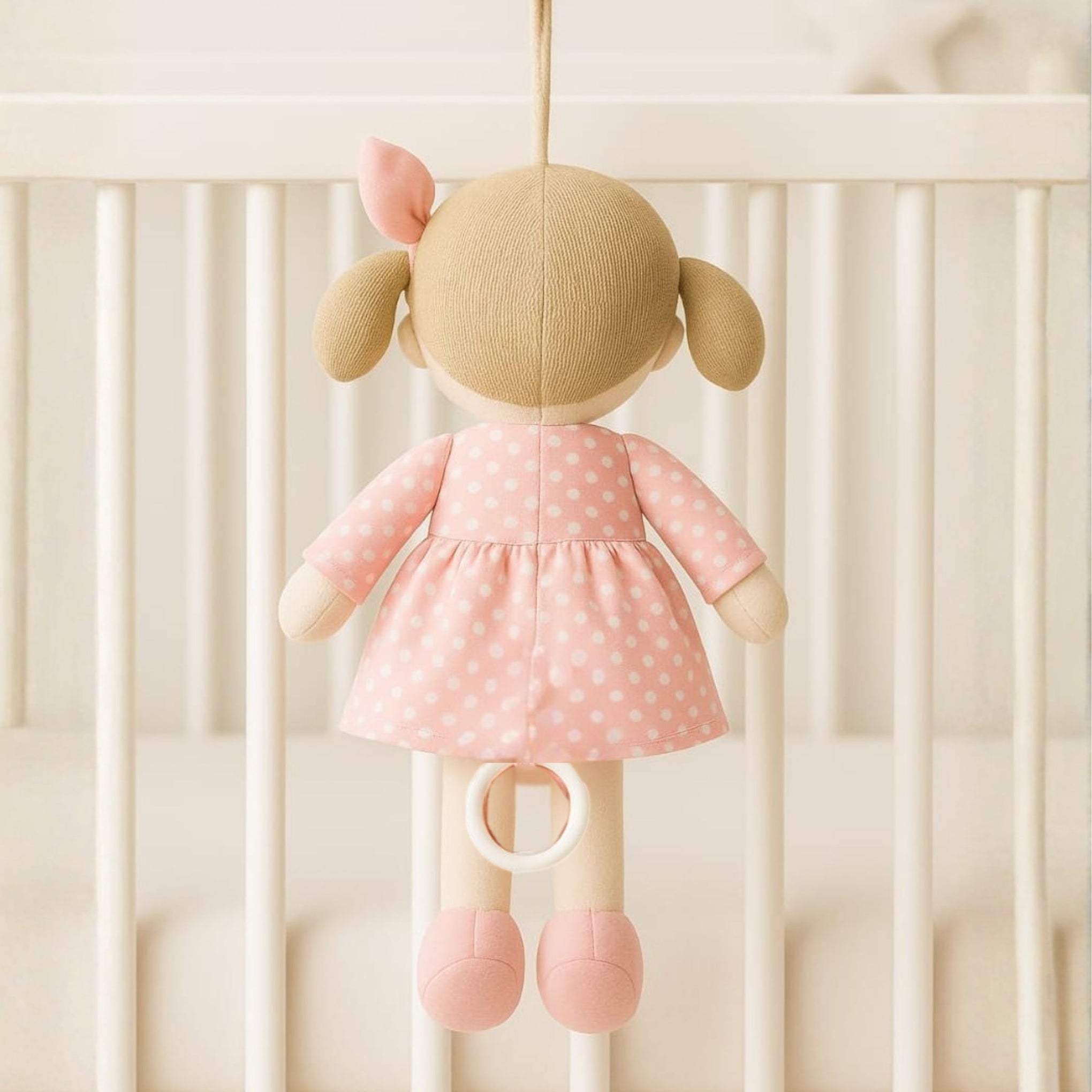 Smile Baby Musical Hanging Plush Doll for Crib & Stroller – Soft Cotton Newborn Comfort Toy with Pull-String Lullaby | Pink Polka Dress | Baby Girl Gift