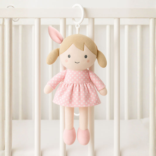 Smile Baby Musical Hanging Plush Doll for Crib & Stroller – Soft Cotton Newborn Comfort Toy with Pull-String Lullaby | Pink Polka Dress | Baby Girl Gift
