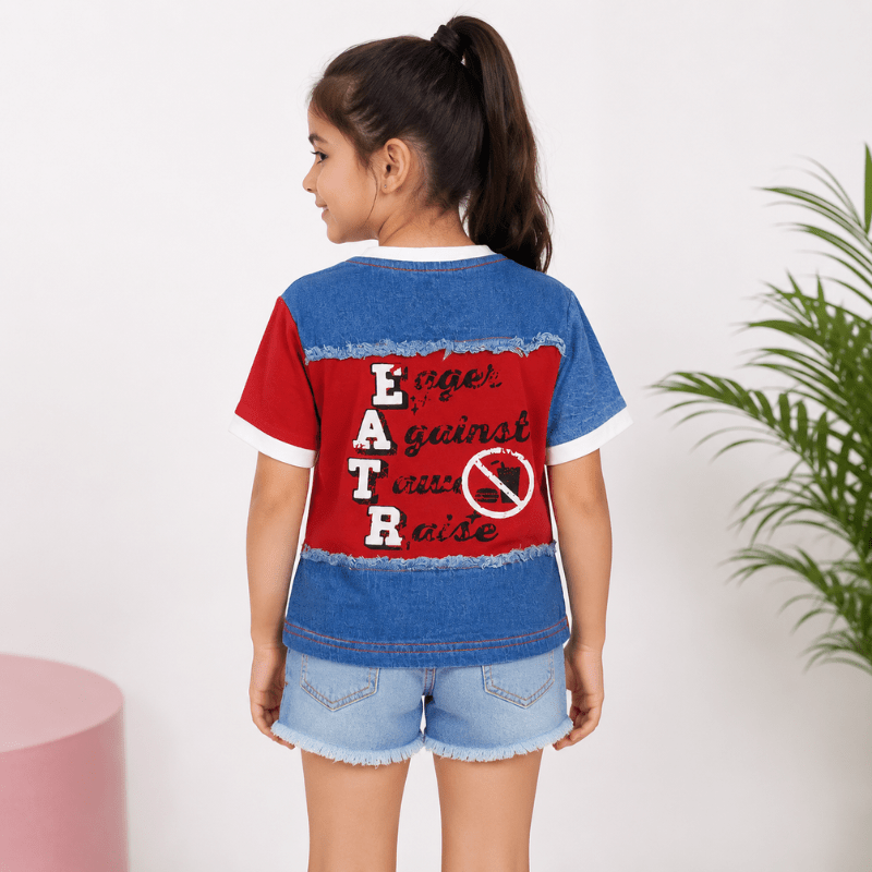 BEE & HONEY Girls Red & Denim Stylish Printed T-Shirt | Kids Casual Wear - SMILE BABY
