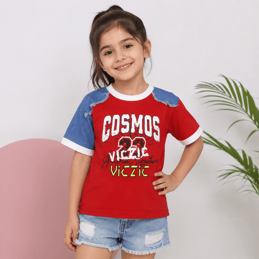 BEE & HONEY Girls Red & Denim Stylish Printed T-Shirt | Kids Casual Wear - SMILE BABY