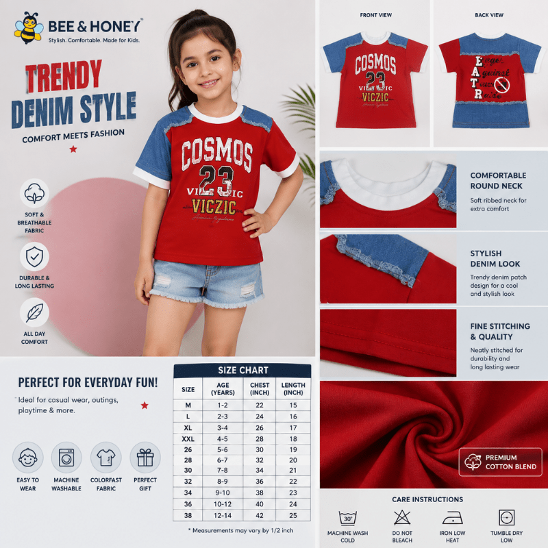 BEE & HONEY Girls Red & Denim Stylish Printed T-Shirt | Kids Casual Wear - SMILE BABY