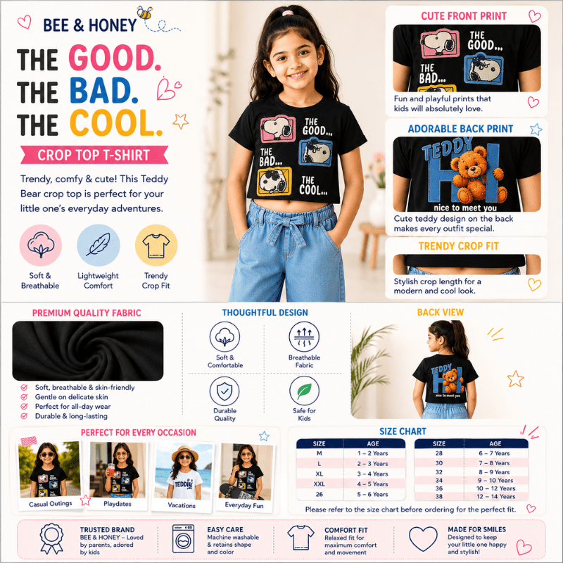 BEE & HONEY Girls The Good The Bad The Cool Crop Top T-Shirt – Black & Green | 1–14 Years - SMILE BABY