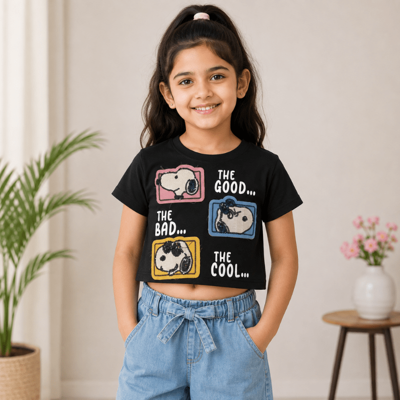 BEE & HONEY Girls The Good The Bad The Cool Crop Top T-Shirt – Black & Green | 1–14 Years - SMILE BABY