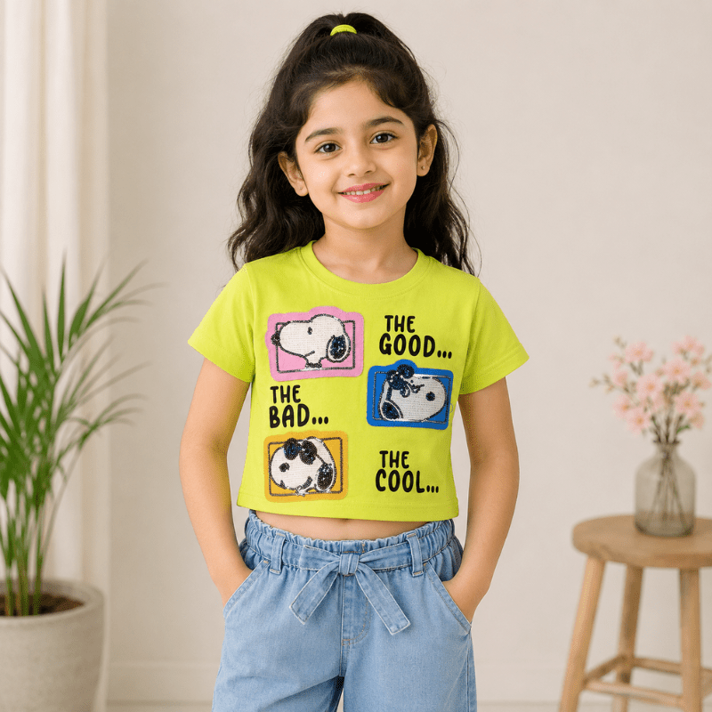 BEE & HONEY Girls The Good The Bad The Cool Crop Top T-Shirt – Black & Green | 1–14 Years - SMILE BABY