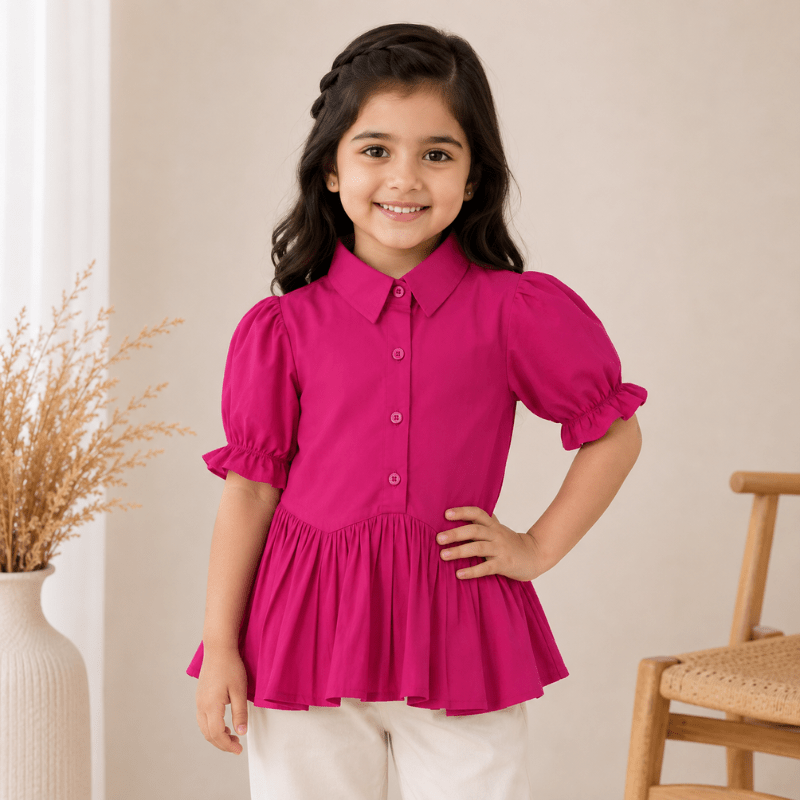 BEE & HONEY Girls White/Green/Rani Denim Layered Top with Bow | Stylish Kids Top - SMILE BABY