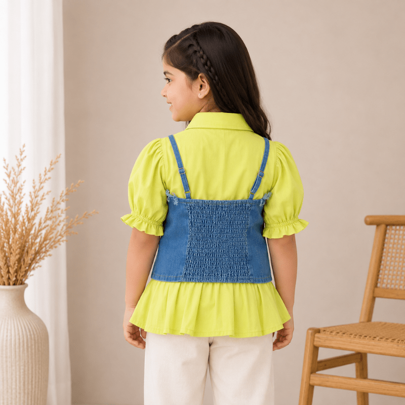 BEE & HONEY Girls White/Green/Rani Denim Layered Top with Bow | Stylish Kids Top - SMILE BABY
