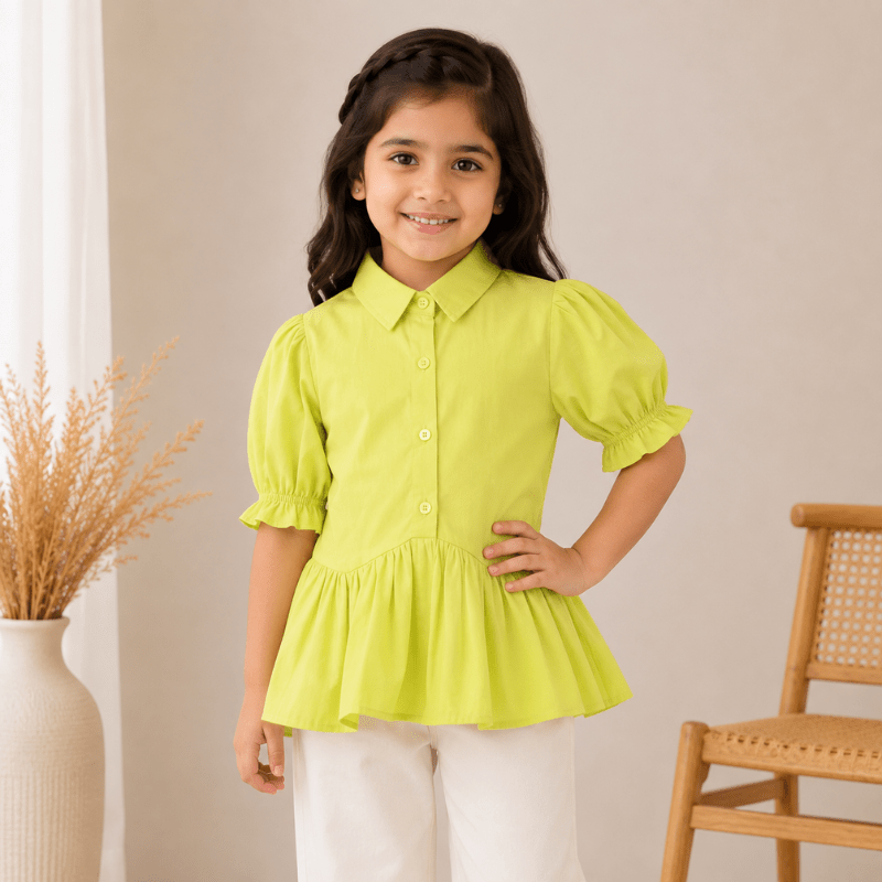 BEE & HONEY Girls White/Green/Rani Denim Layered Top with Bow | Stylish Kids Top - SMILE BABY