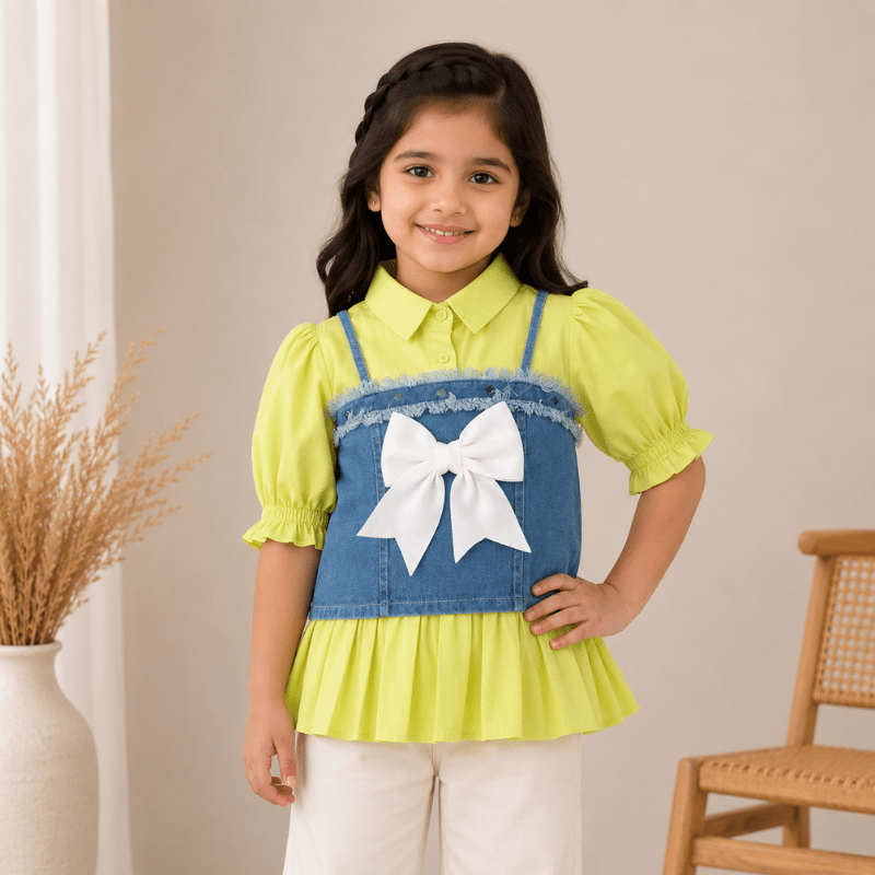 BEE & HONEY Girls White/Green/Rani Denim Layered Top with Bow | Stylish Kids Top - SMILE BABY