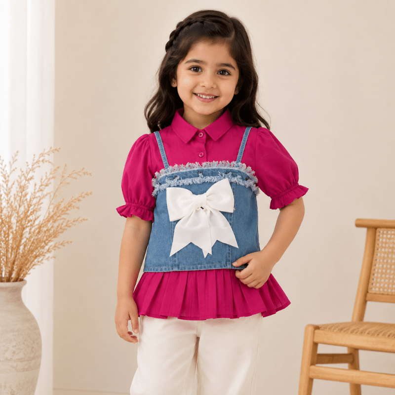 BEE & HONEY Girls White/Green/Rani Denim Layered Top with Bow | Stylish Kids Top - SMILE BABY