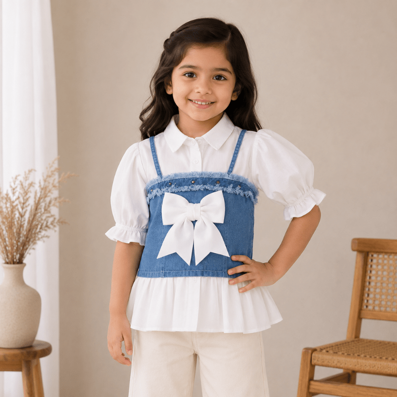 BEE & HONEY Girls White/Green/Rani Denim Layered Top with Bow | Stylish Kids Top - SMILE BABY