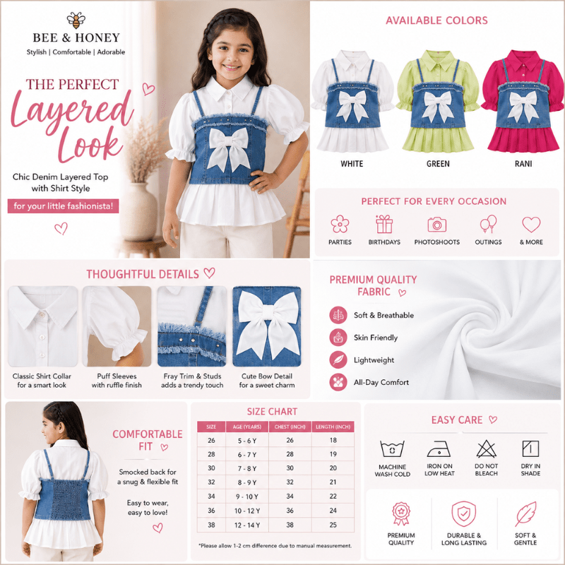 BEE & HONEY Girls White/Green/Rani Denim Layered Top with Bow | Stylish Kids Top - SMILE BABY
