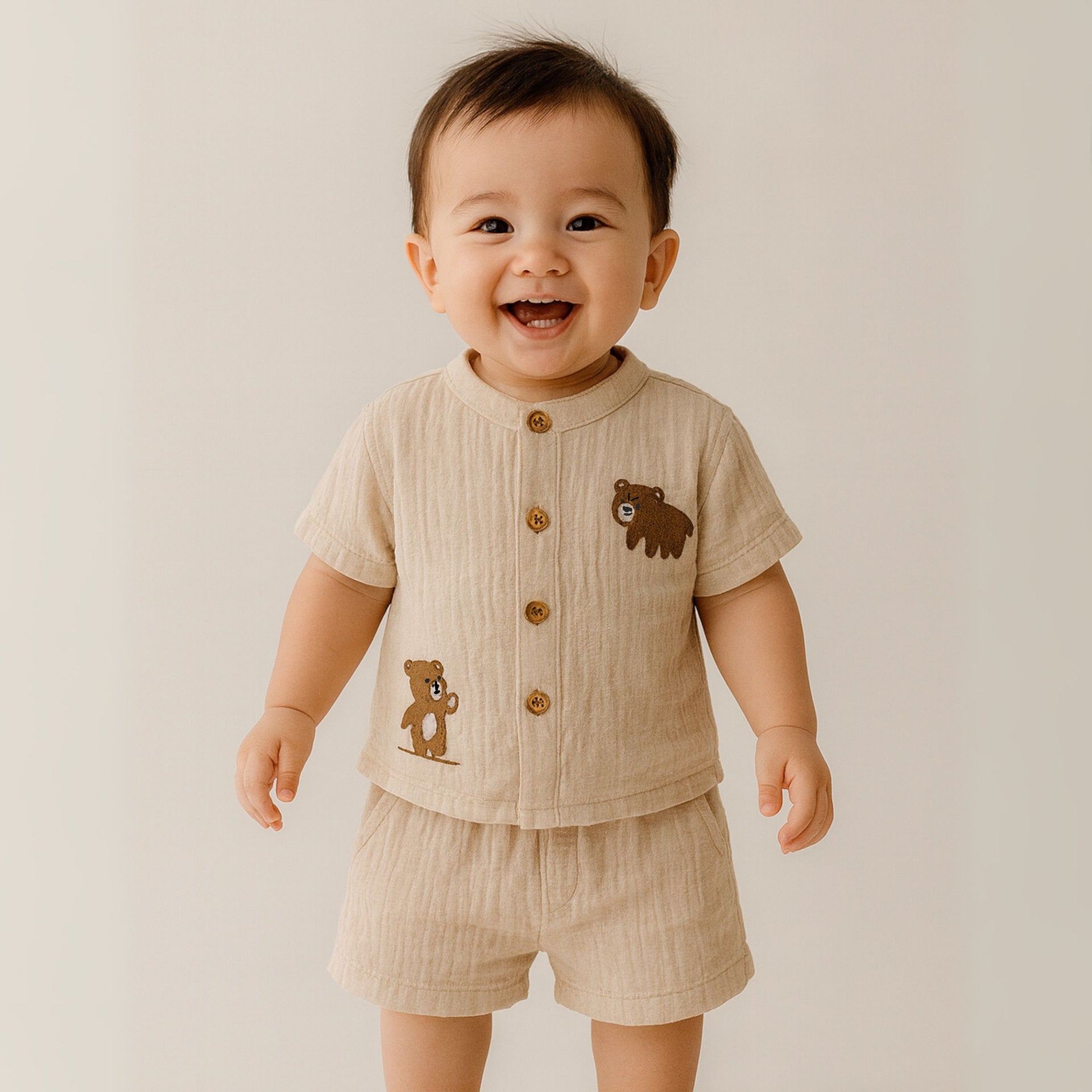 TOFFY HOUSE Muslin Co-Ord Set for Babies – Beige Color | Half Sleeve Shirt & Shorts with Cute Bear Embroidery | new born to 9M