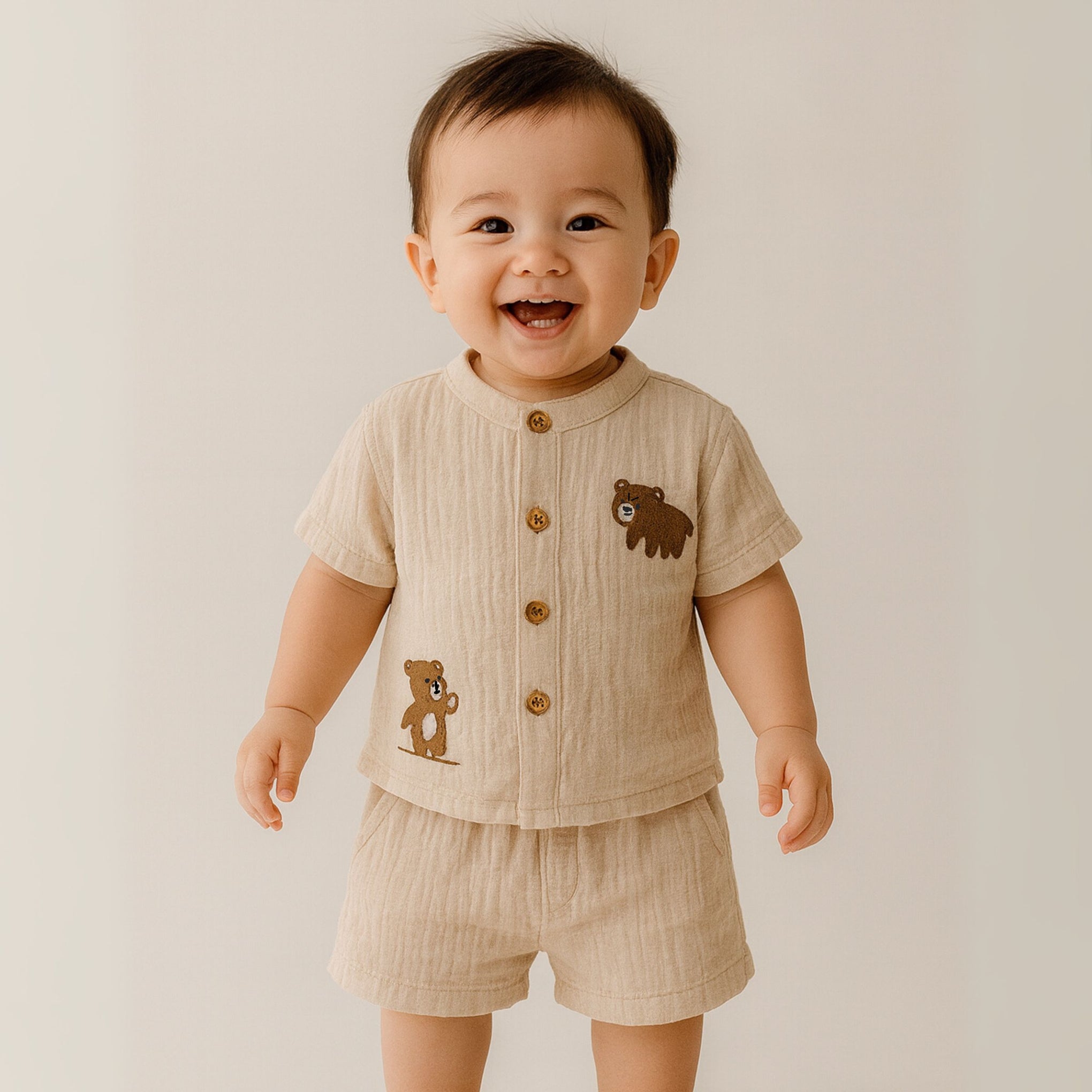 TOFFY HOUSE Muslin Co-Ord Set for Babies – Beige Color | Half Sleeve Shirt & Shorts with Cute Bear Embroidery | new born to 9M