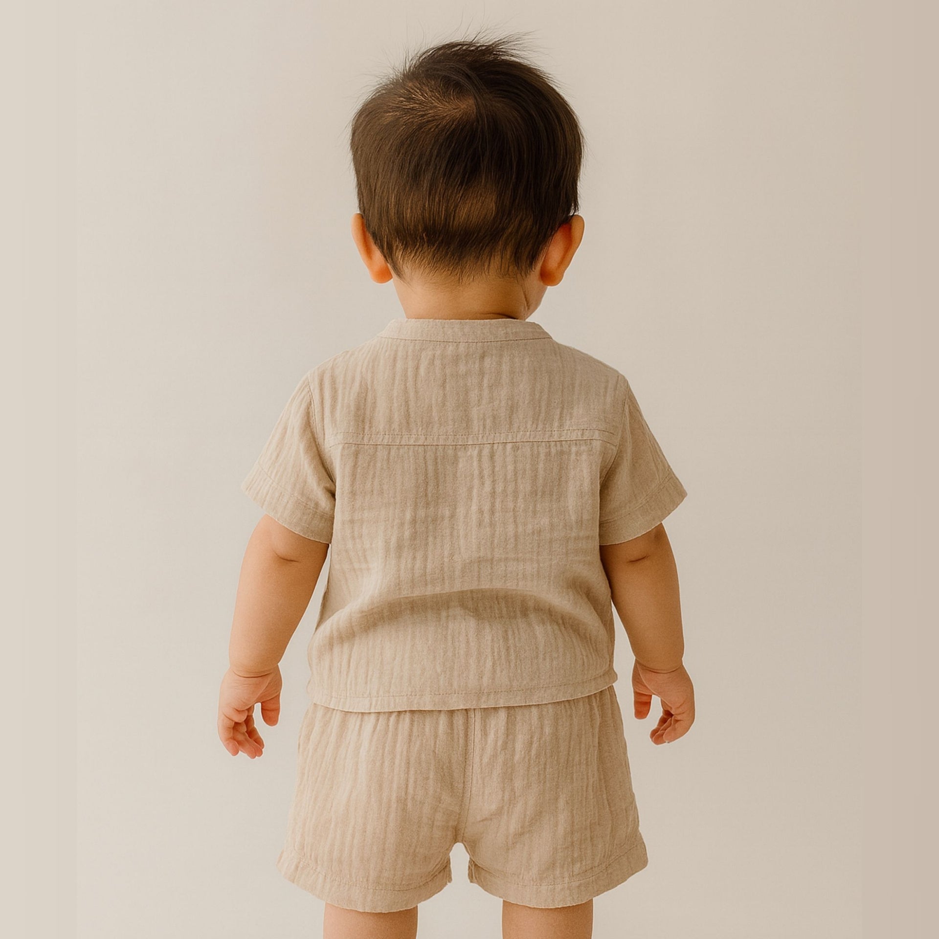 TOFFY HOUSE Muslin Co-Ord Set for Babies – Beige Color | Half Sleeve Shirt & Shorts with Cute Bear Embroidery | new born to 9M