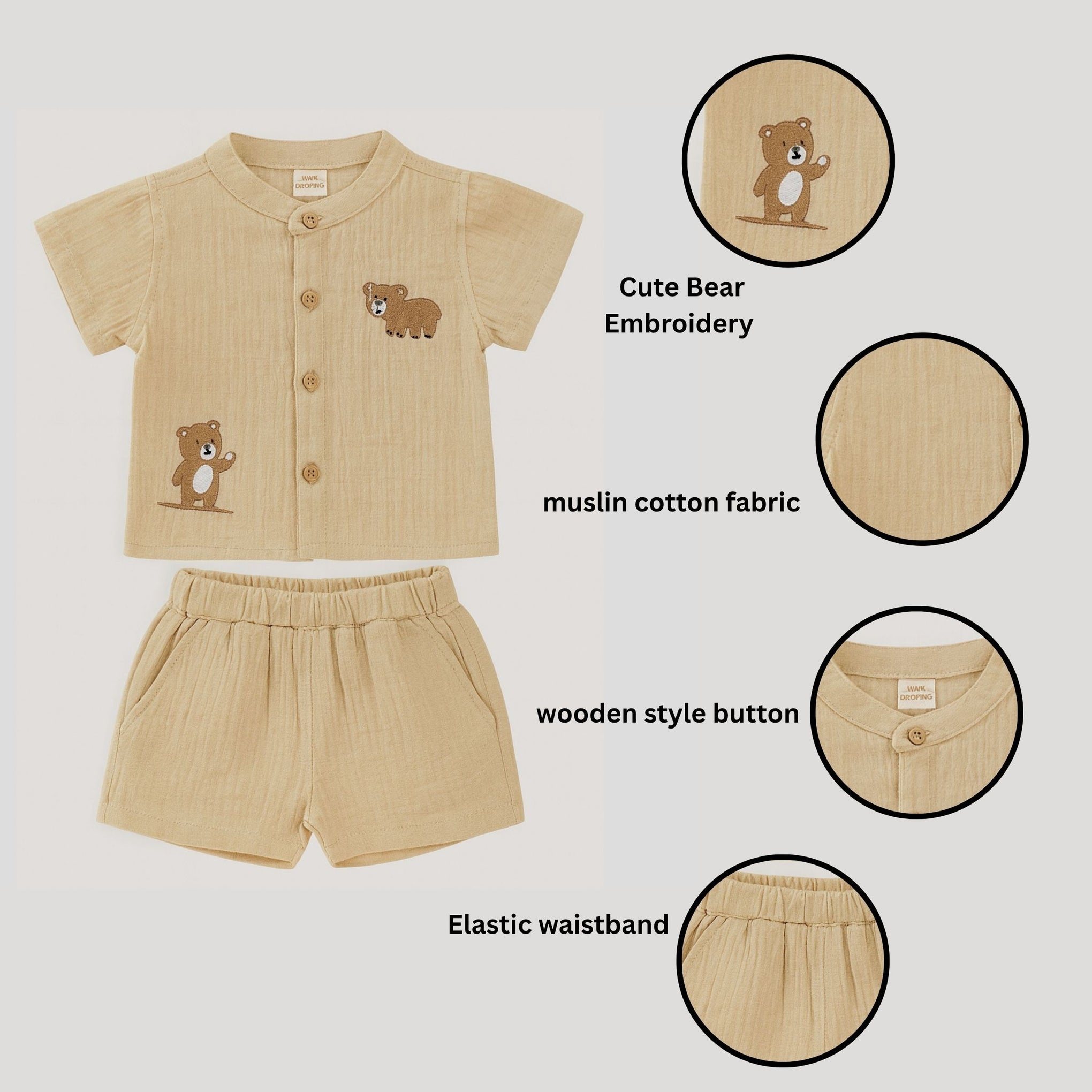 TOFFY HOUSE Muslin Co-Ord Set for Babies – Beige Color | Half Sleeve Shirt & Shorts with Cute Bear Embroidery | new born to 9M