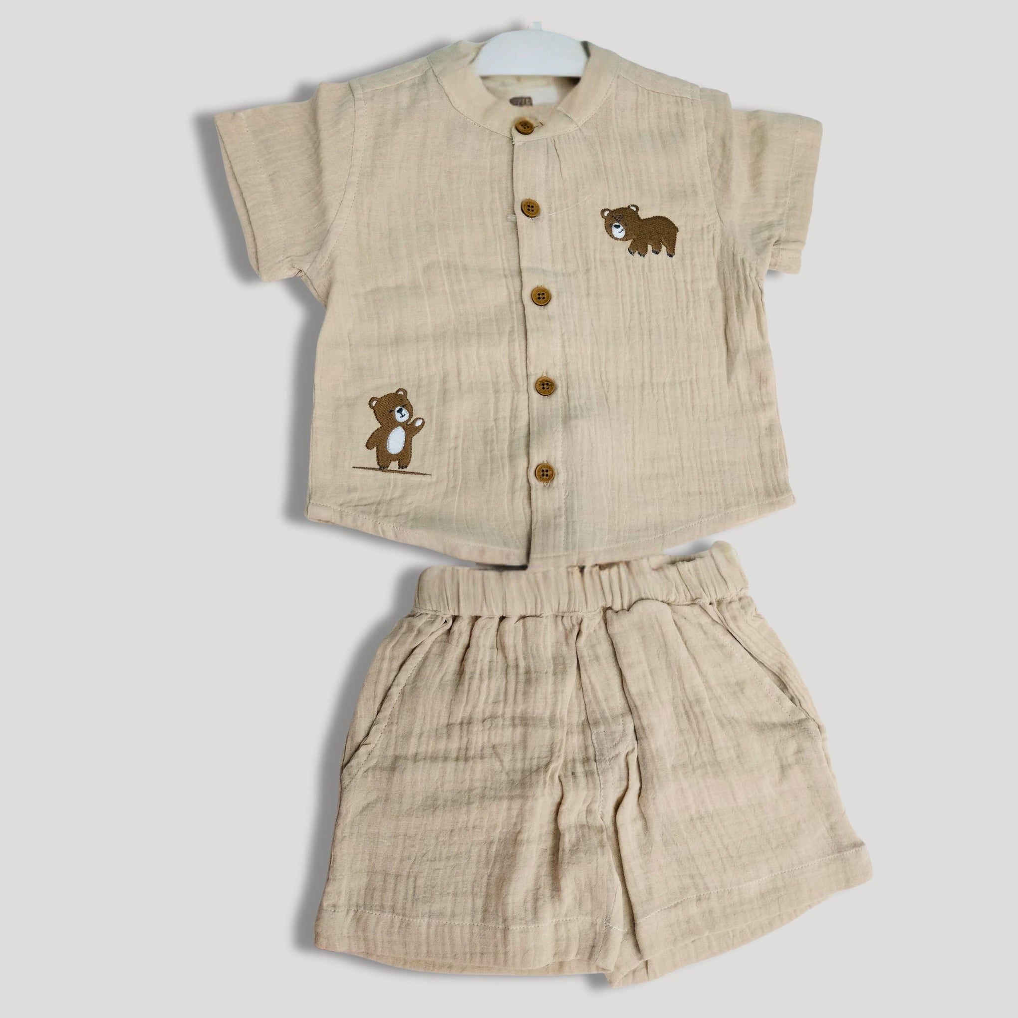TOFFY HOUSE Muslin Co-Ord Set for Babies – Beige Color | Half Sleeve Shirt & Shorts with Cute Bear Embroidery | new born to 9M