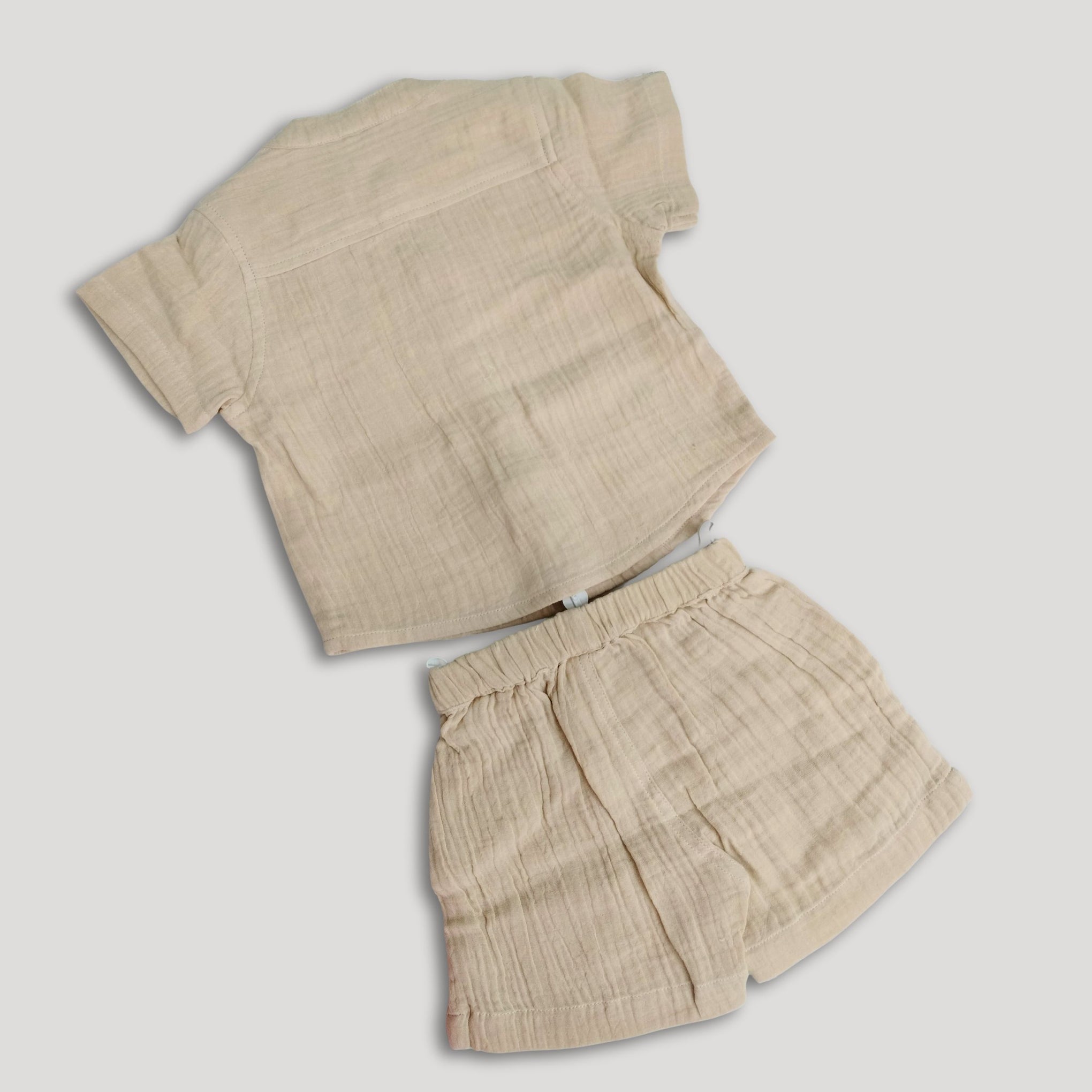 TOFFY HOUSE Muslin Co-Ord Set for Babies – Beige Color | Half Sleeve Shirt & Shorts with Cute Bear Embroidery | new born to 9M