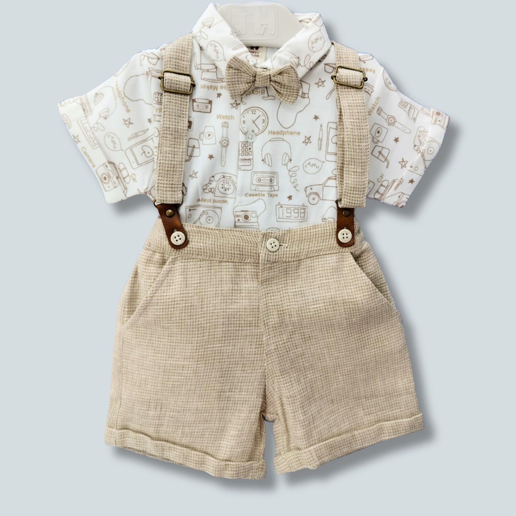 TOFFY HOUSE Boys' Fawn Suspender Shorts Set – Printed Shirt with Bow Tie | 0–9 Months  | Cotton Blend