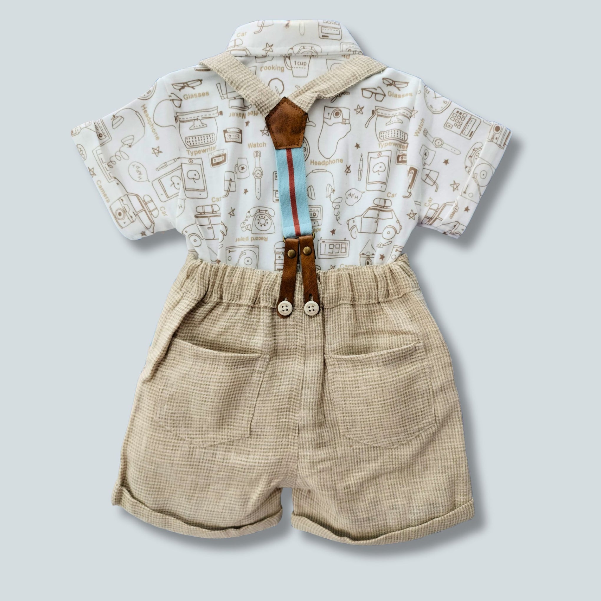 TOFFY HOUSE Boys' Fawn Suspender Shorts Set – Printed Shirt with Bow Tie | 0–9 Months  | Cotton Blend