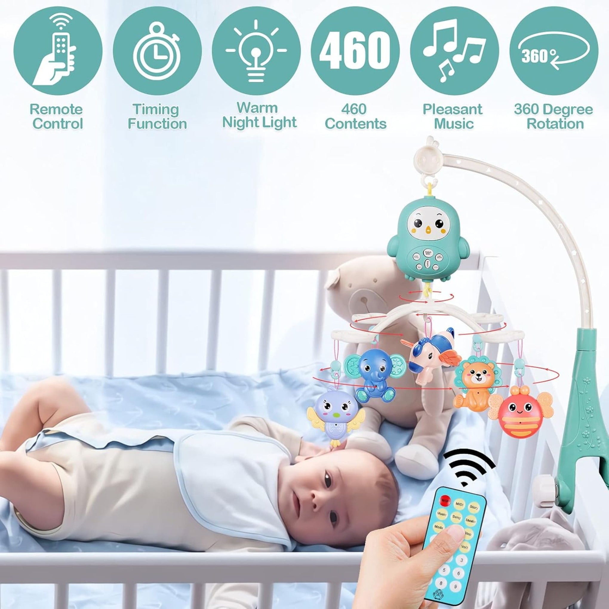 mee mee  Baby Music Crib Mobile for Hanging, Baby Bed with Timing Function, Projector and Lights, Hanging Remote Control Bedside Clock Toy for Newborns