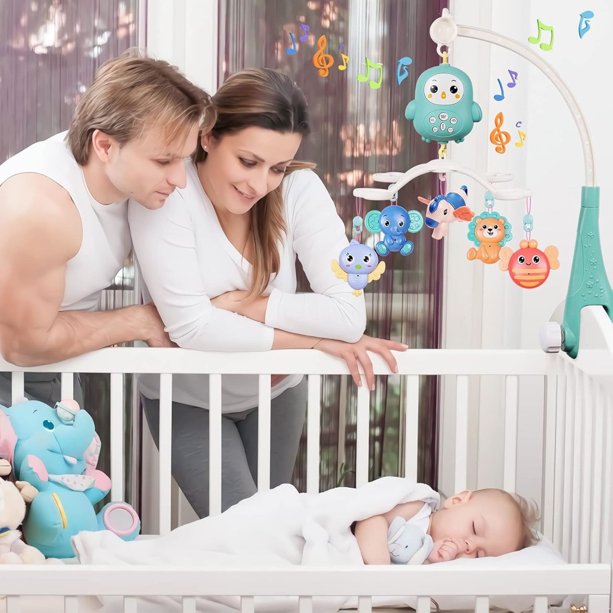 mee mee  Baby Music Crib Mobile for Hanging, Baby Bed with Timing Function, Projector and Lights, Hanging Remote Control Bedside Clock Toy for Newborns