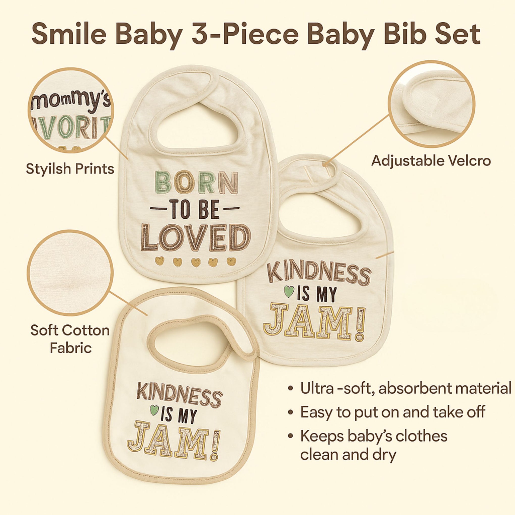 Smile Baby 3-Piece Soft Cotton Baby Bib Set | Feeding Bibs for Newborns & Infants | Easy Velcro Closure | Unisex Design