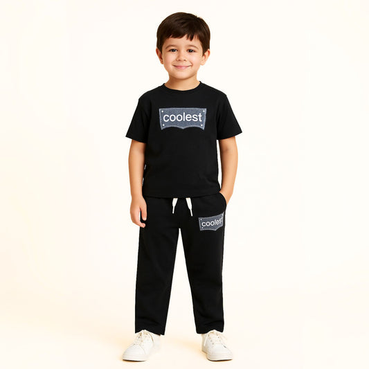 COOLEST Boys’ Track Suit – T-Shirt & Pant Set with Denim “Coolest” Patch | Ages 3–12 Years | Cream, Brown & Black