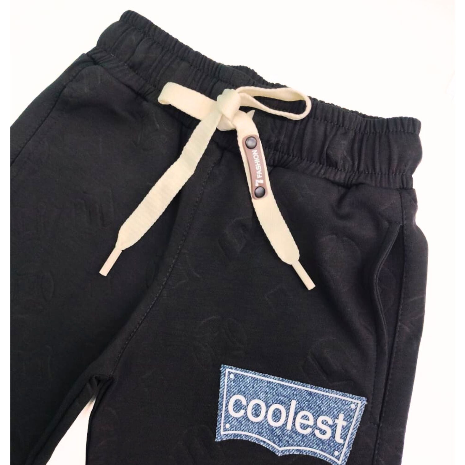 COOLEST Boys’ Track Suit – T-Shirt & Pant Set with Denim “Coolest” Patch | Ages 3–12 Years | Cream, Brown & Black