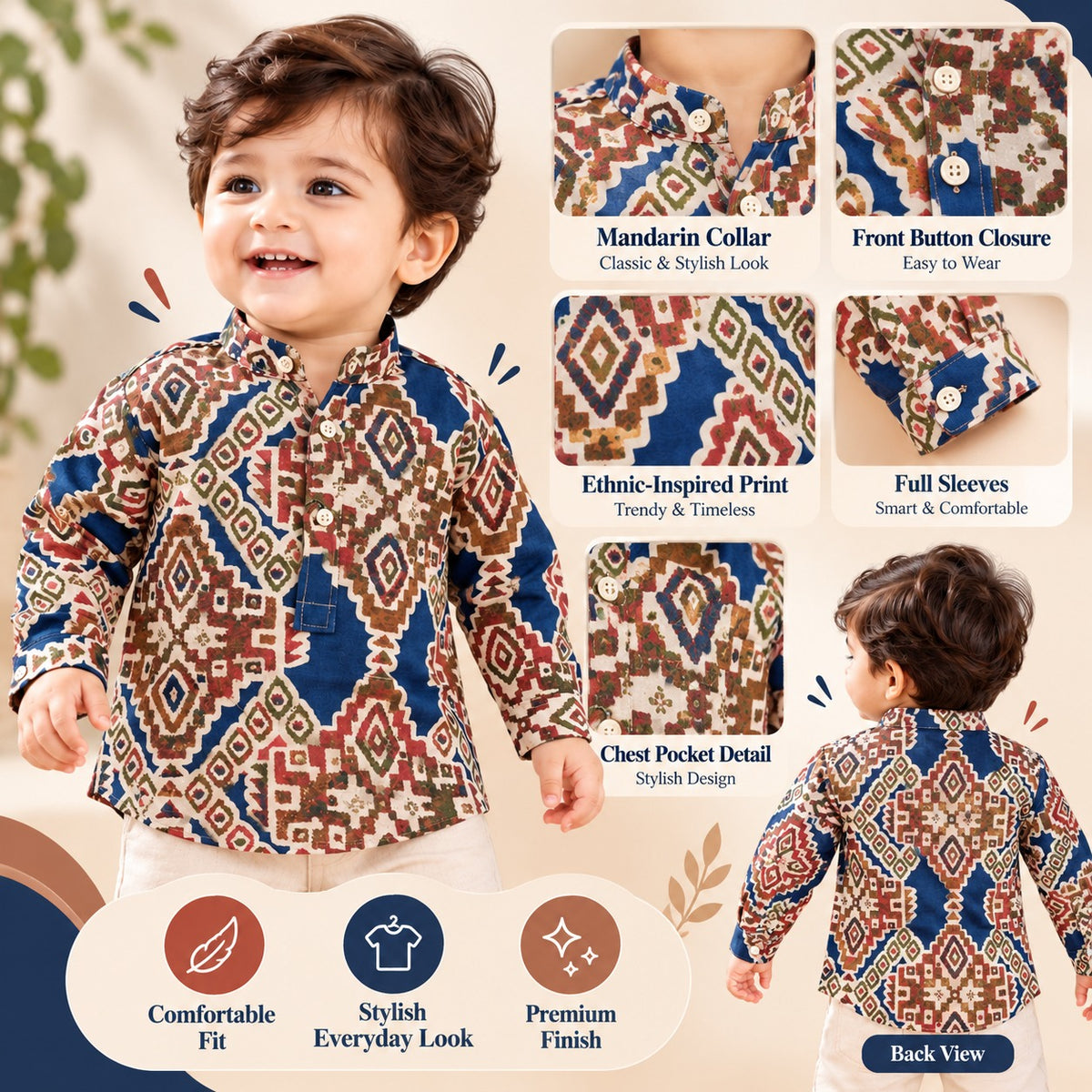 BLAZO boys blue ethnic print shirt mandarin collar button and chest pocket details