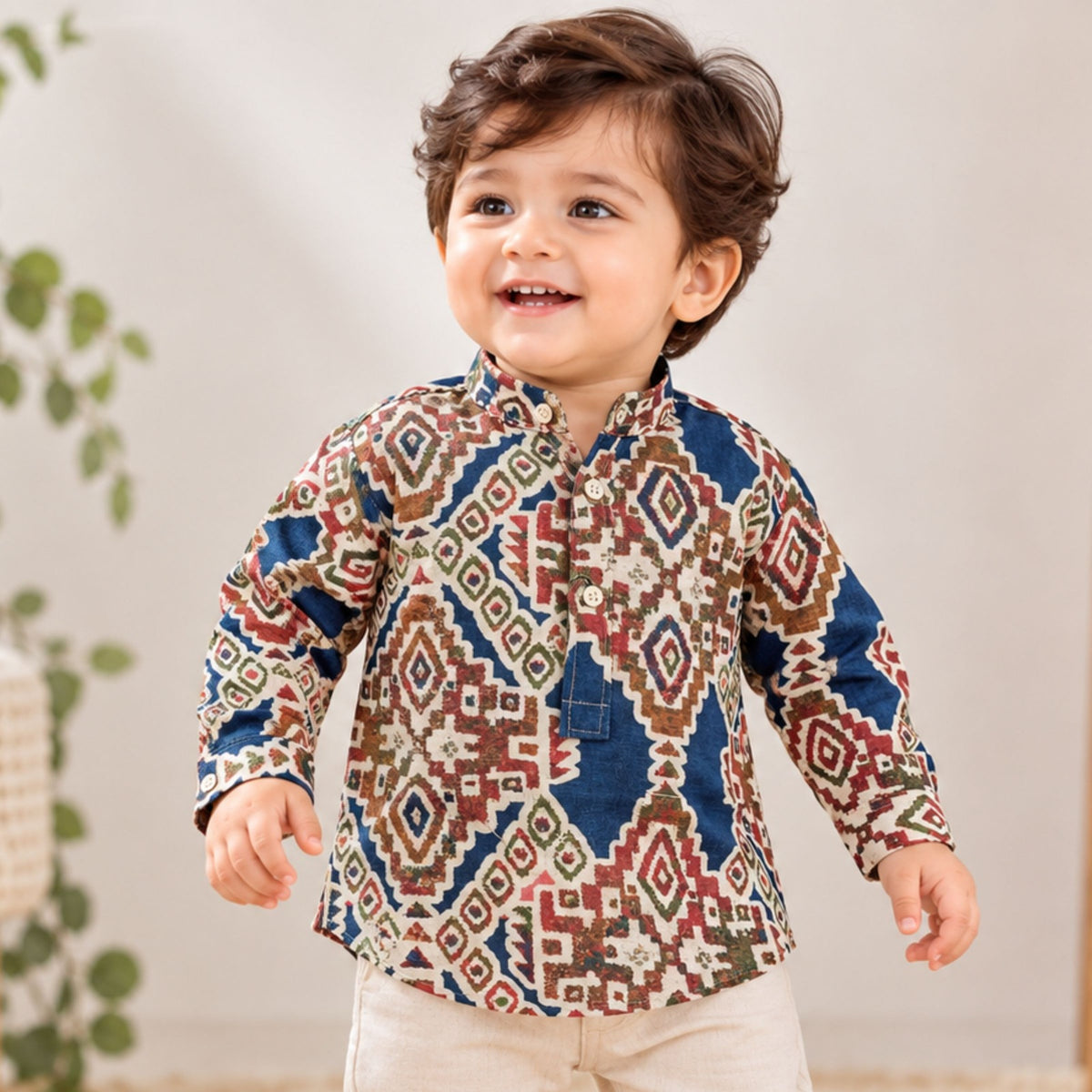 BLAZO boys blue ethnic print mandarin collar full sleeve shirt front view