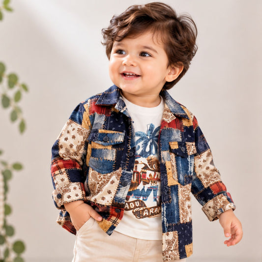 BLAZO boys blue patchwork shirt with front pockets and printed T-shirt