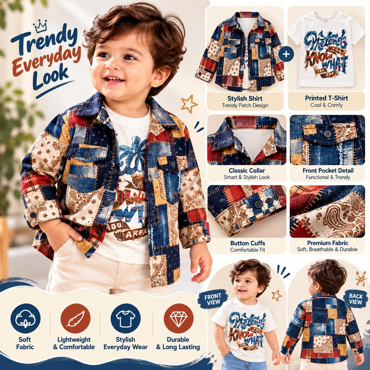 BLAZO boys blue patchwork shirt set with printed white T-shirt front view