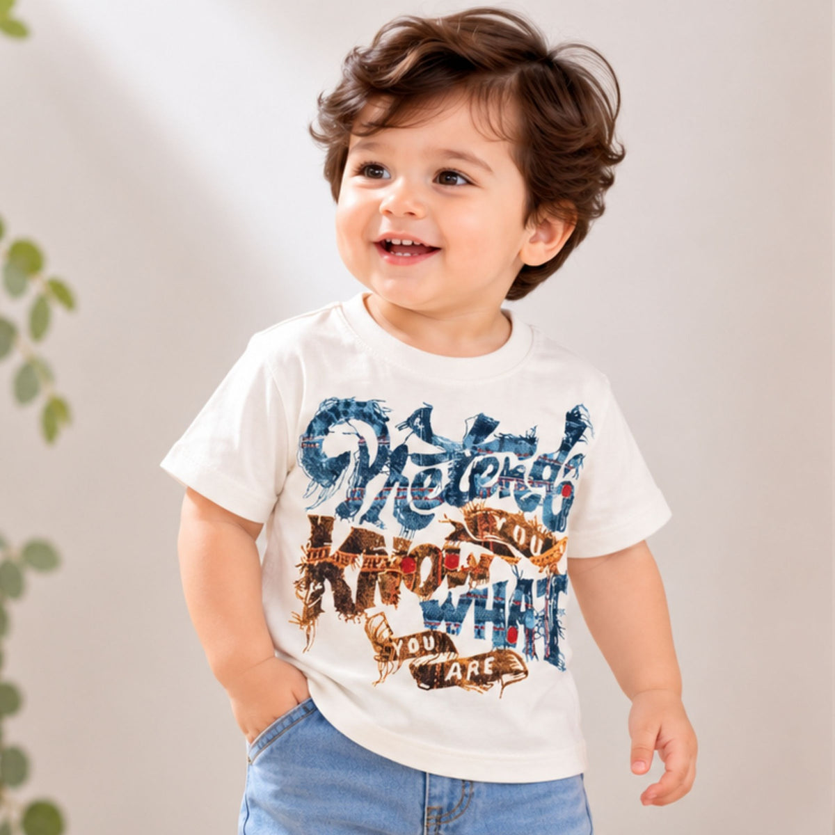 BLAZO boys white printed T-shirt with blue graphic front view
