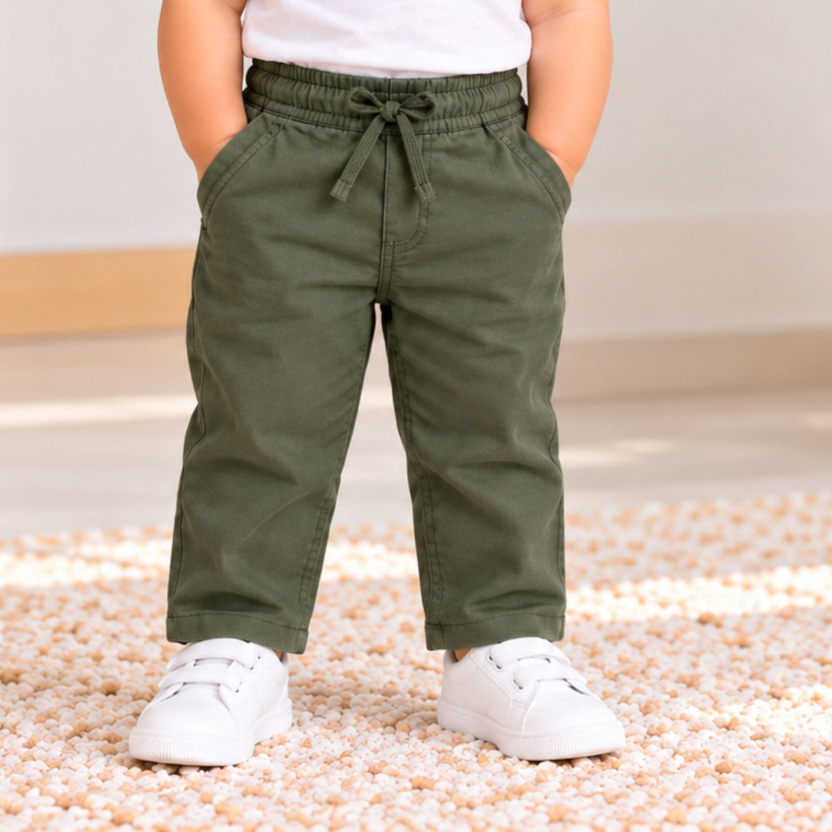 BLAZO boys olive green relaxed fit pants front view with elasticated drawstring waist and side pockets