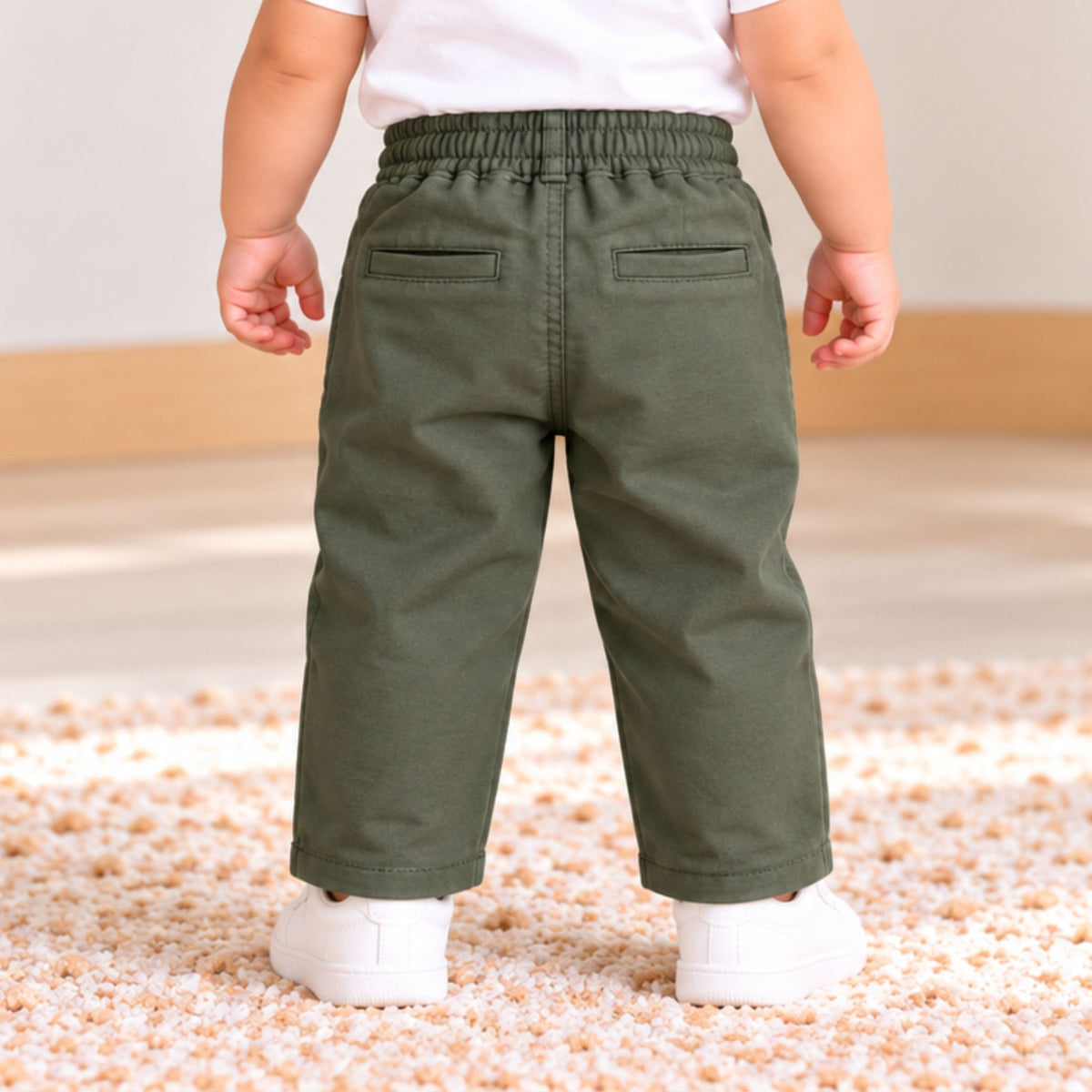 BLAZO boys olive green pants back view with elastic waistband and back pockets