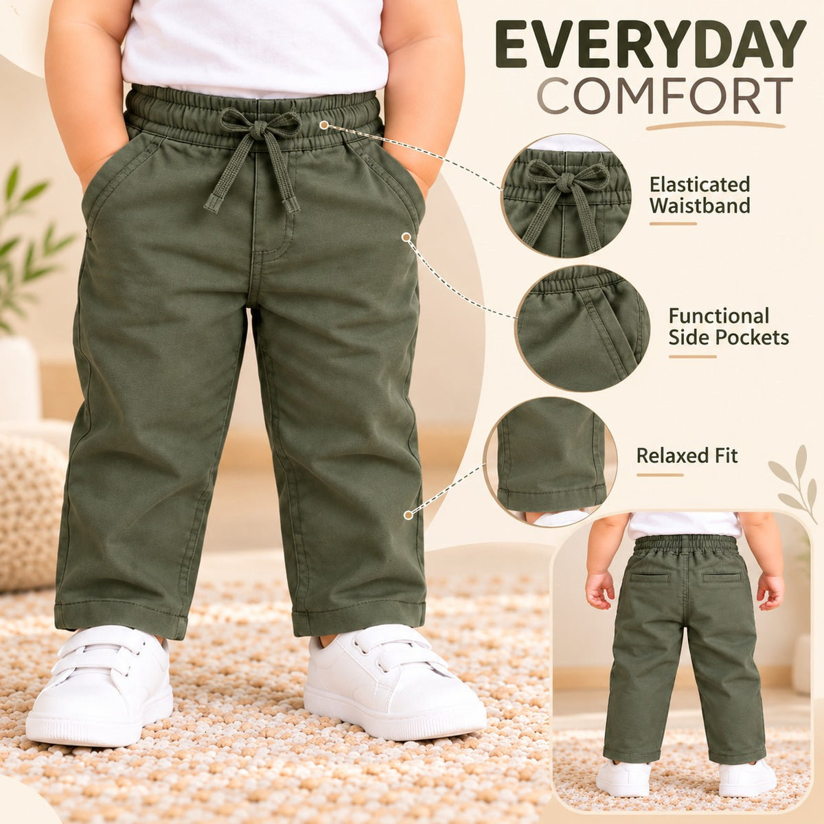 BLAZO boys olive green pants infographic showing drawstring elastic waistband, side pockets and relaxed fit